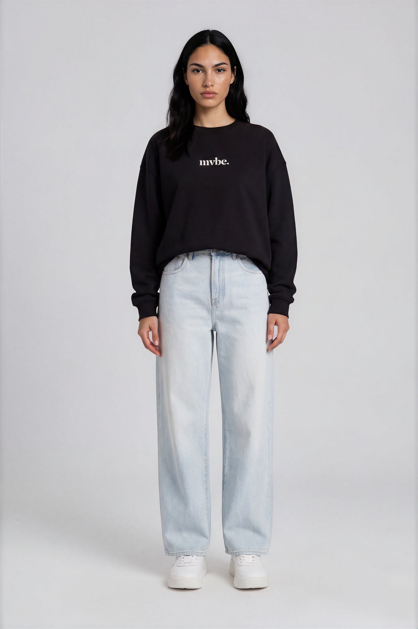 Person wearing a black sweatshirt with a design pattern on the back against a white background
Man wearing a black oversized sweatshirt with 'mvbe' logo against a plain background. ribbed neck, sleeves and hem. warm oversized hoodie, these are uni-sex unisex products. the design at back says mvbe, mvbe not. which is a signature sweatshirt for the brand. it is comfortable and a soft material sweat.